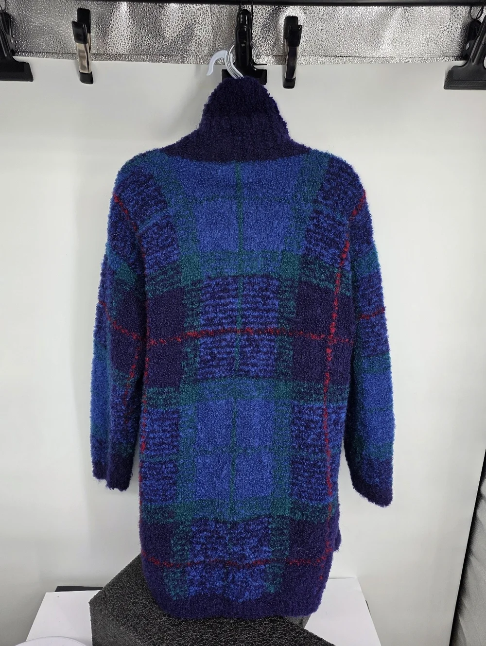 VTG Jones New York Mohair Wool Plaid Sweater M Chunky Knit Tunic Turtleneck Blue